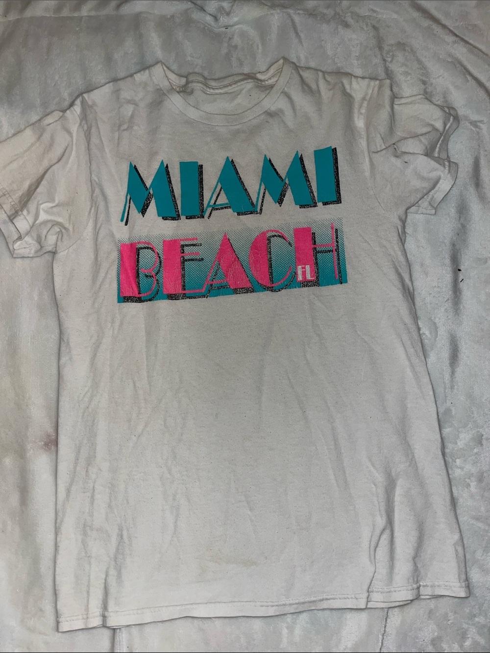 Miami Beach Graphic Tee - White with Teal & Pink Print